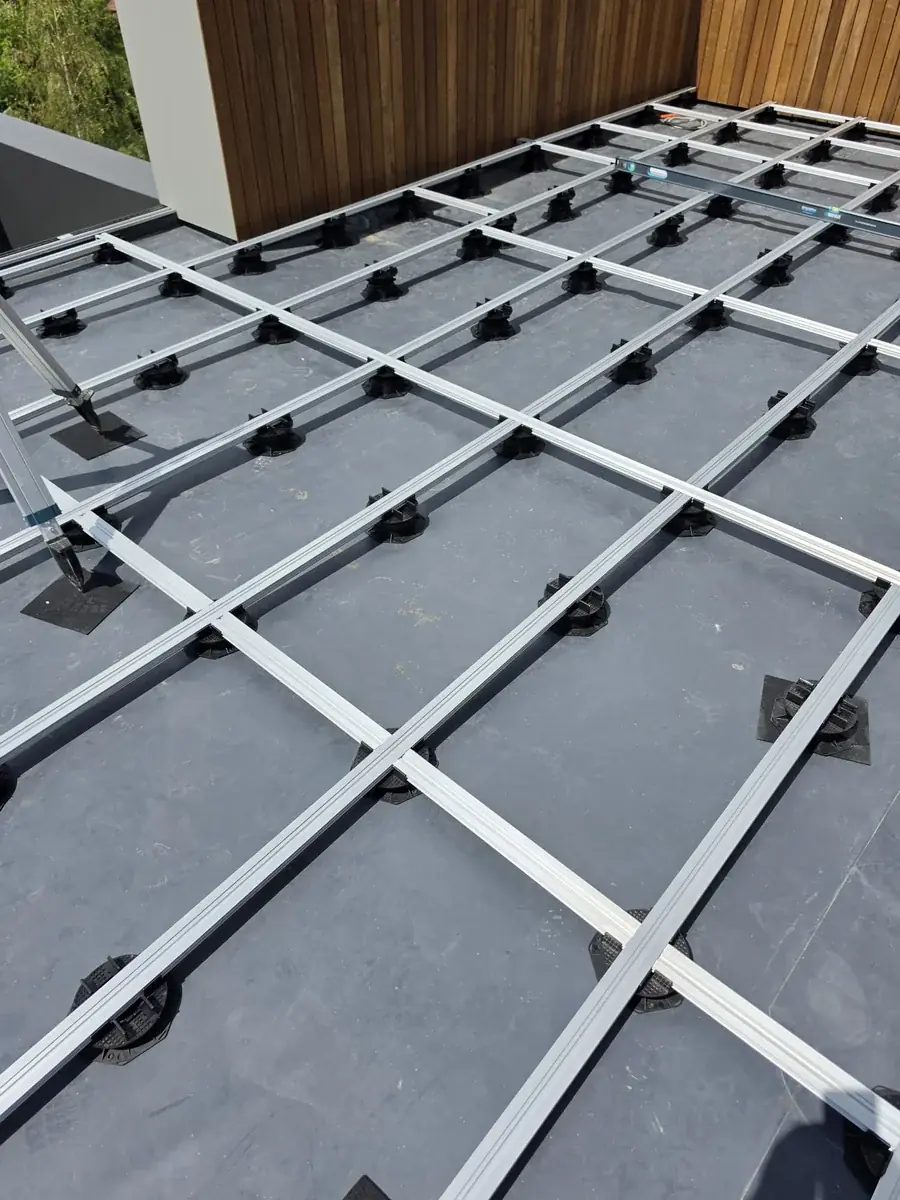 Pedestal grid installed at a Slovenia mansion rooftop with tiles not yet laid